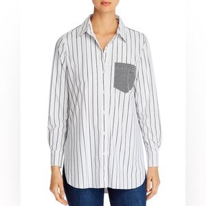 ☑️Lyssé Black and White Schiffer Contrast Stripe Pinstripe Laser Cut Shirt